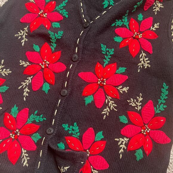 Vintage Embroidered and embellished Christmas Poinsettia Sweater Vest - Picture 4 of 4